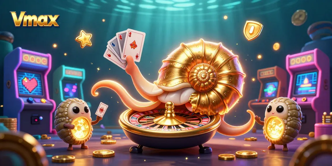 Experience the thrill of Vmax with a dynamic 3D casino scene featuring a golden roulette and glowing cards.
