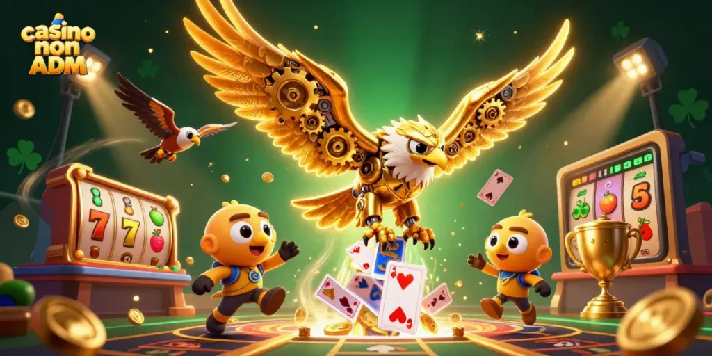 Gioca nei migliori casino non ADM con un'immagine vivace di un'aquila dorata e simboli slot.