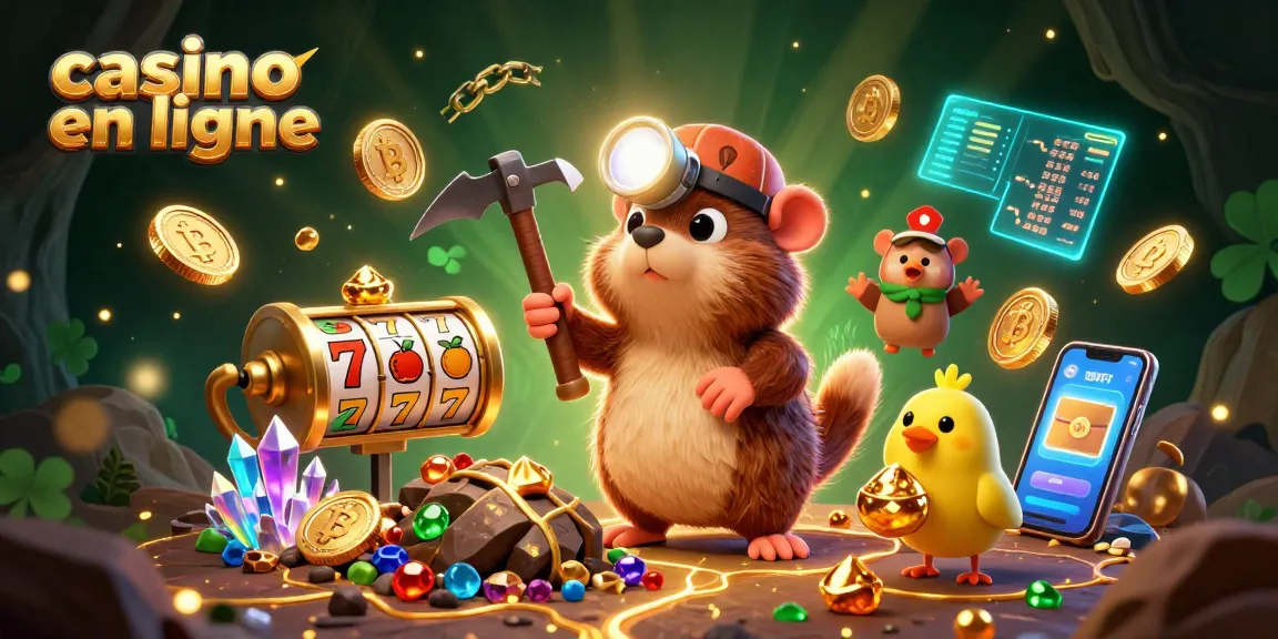 Le casino en ligne présente un mole chasseur de trésors entouré de rouleaux de machines à sous scintillantes et d'or.