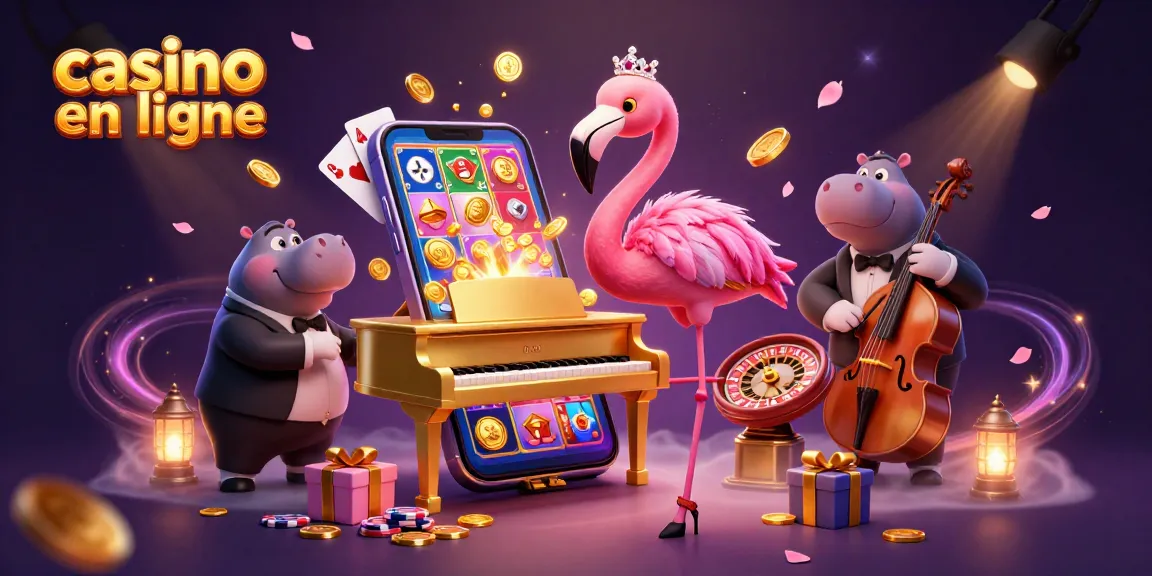 Visualisez une scène dynamique de casino en ligne avec un flamant rose et un hippopotame, magnifiquement illustrée.