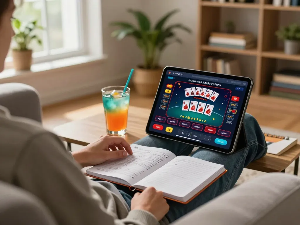 Engaging scene of a player enjoying casino non aams europei blackjack on a tablet at home, showcasing a blend of strategy and relaxation.