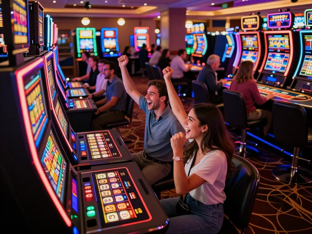 Excited players at F168 celebrate a slot win amid colorful casino lights and vibrant gameplay.