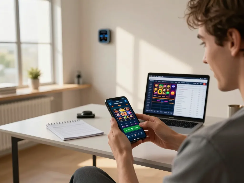 Player engaging with tt88 app for an immersive online gaming experience in a modern home setup.