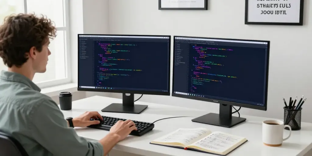 Developer using notepad in a modern coding workspace with dual monitors.