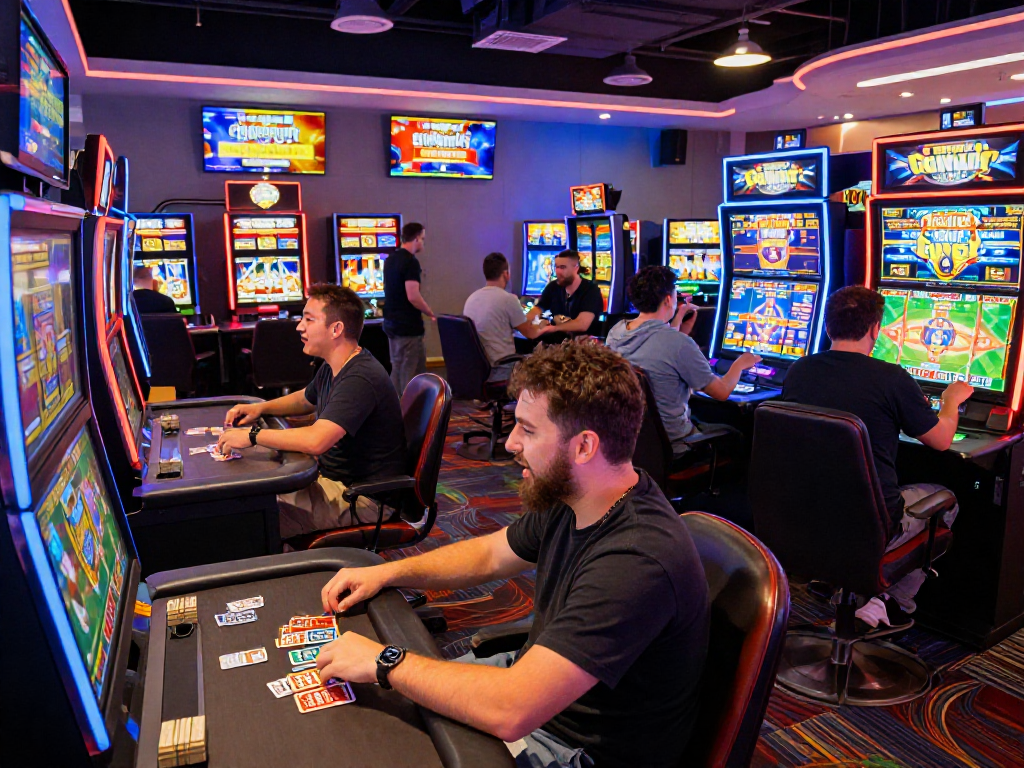 Exciting scene at a credit card casino showcasing players engaged in various games, from slots to live dealers, highlighting the vibrant gaming atmosphere.