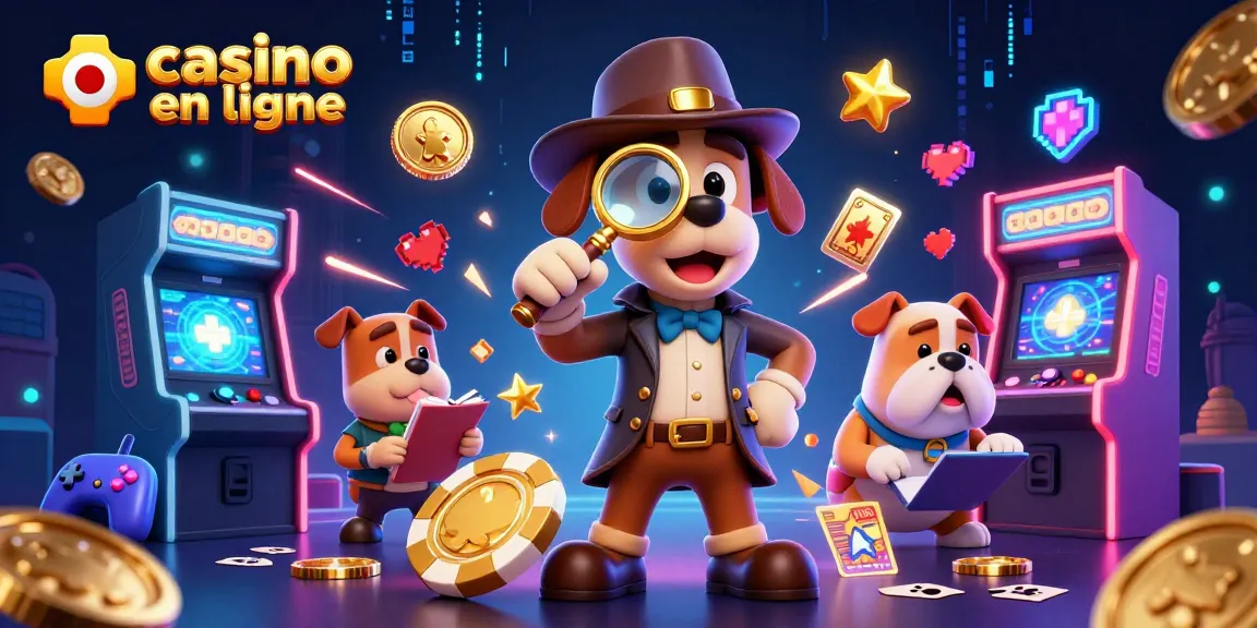 Une scène animée avec un détective cartoon examinant un jeton de poker en ligne, mêlé à des machines à arcade colorées.