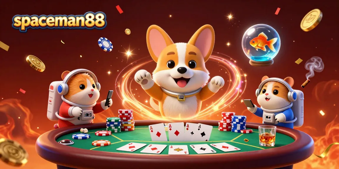 Engage with spaceman88 in a captivating casino scene featuring a 3D cartoon astronaut corgi and friends.