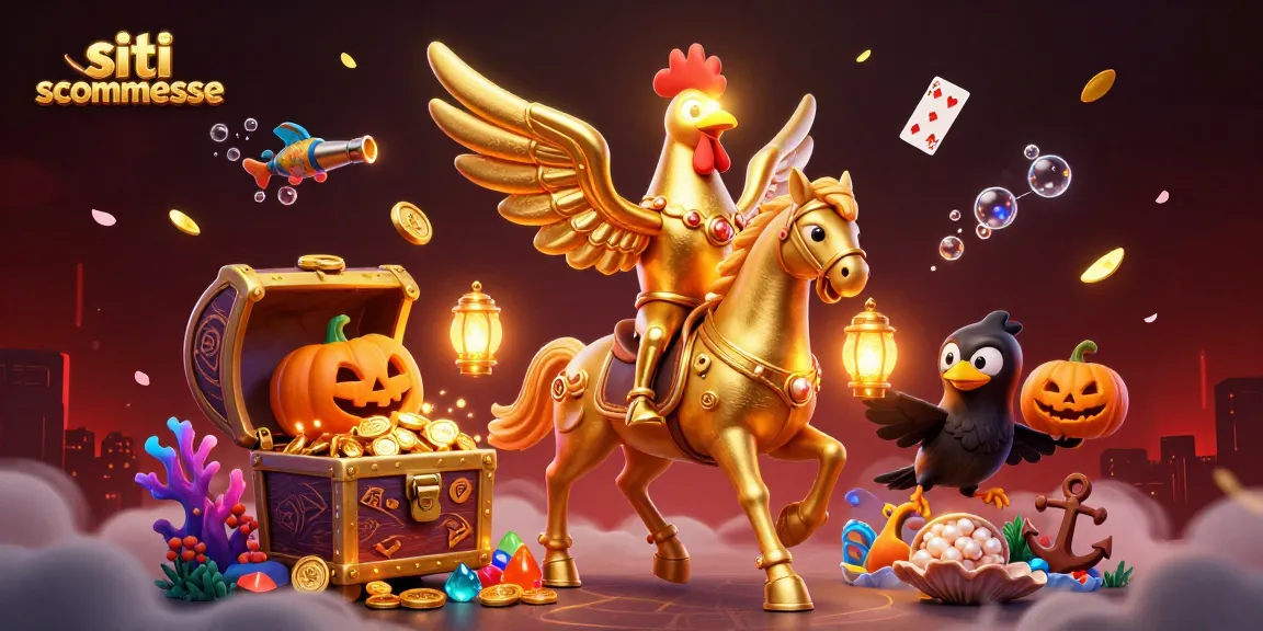 Scopri i migliori siti scommesse in Italia con un'illustrazione vivace di un gallo d'oro e corvi luminosi.