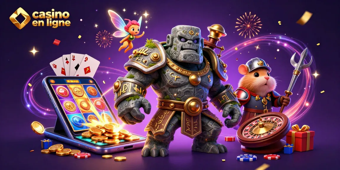 Une illustration magique « casino en ligne » avec un golem de pierre et un hamster chevalier entourés de joyaux et de jeux.