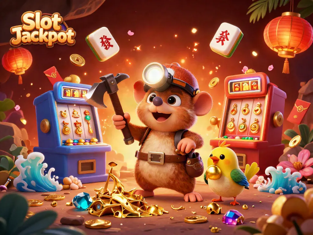 Mole menggali Slot Jackpot dengan mesin slot berkilauan dan simbol keberuntungan di sekeliling.