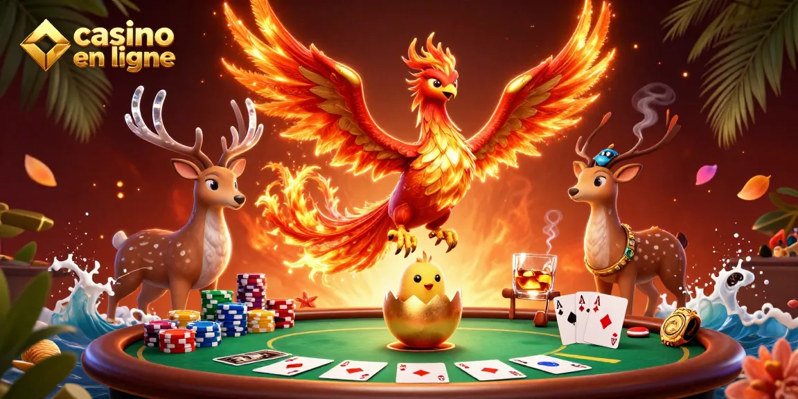 Image illustrant une scène dynamique avec un phoenix de feu, une table de poker et des éléments de casino en ligne.