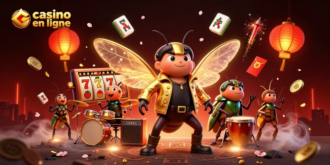 Casino en ligne : un rocker cigale avec des jackpots animés et des lanternes dorées.