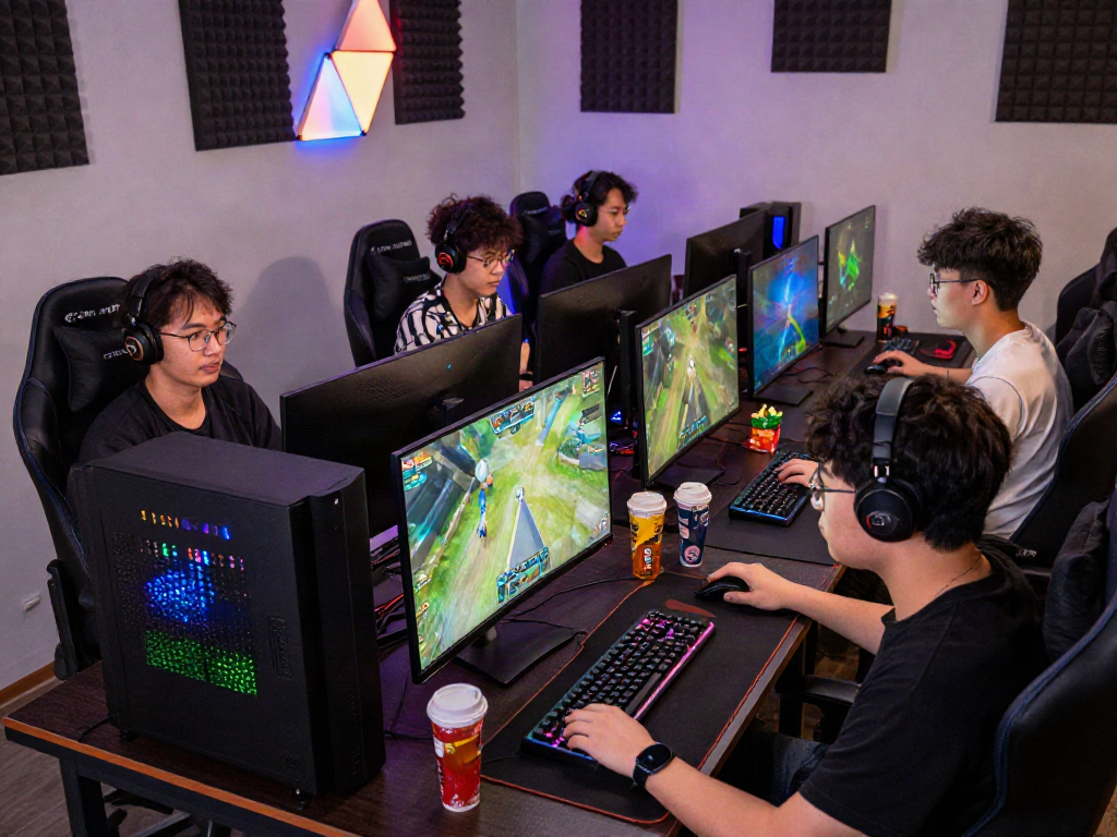 Players engaged in competitive gaming with rokok88 link alternatif displayed on screens, vibrant atmosphere, modern gaming setup.