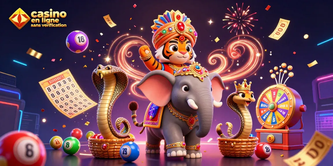 Jouez au casino en ligne sans vérification avec des éléments de loterie colorés et une ambiance festive.