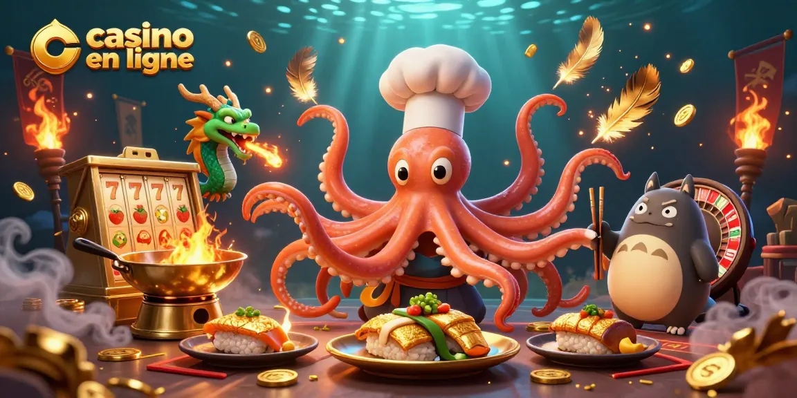 Jouer au casino en ligne avec un chef sushi cartoon et un dragon dans une scène dynamique remplie d'éléments de jeu