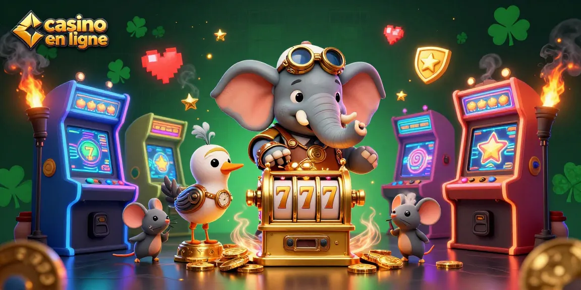 Un ingénieur éléphant steampunk joue au casino en ligne avec une machine à sous, entouré de jeux d'arcade colorés.