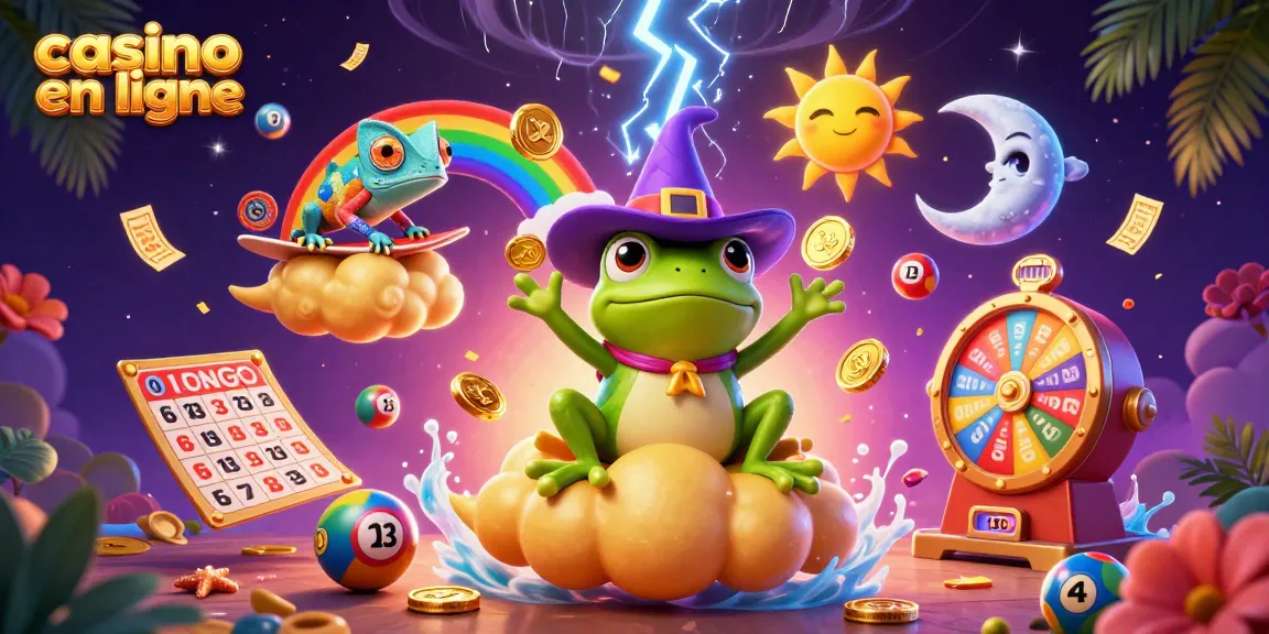 Jouez dans un casino en ligne grâce à un personnage de grenouille sorcière et une ambiance vibrante de jeux.