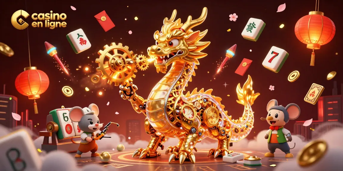 Scénario dynamique de casino en ligne : dragon et ingénieur, décor scintillant.