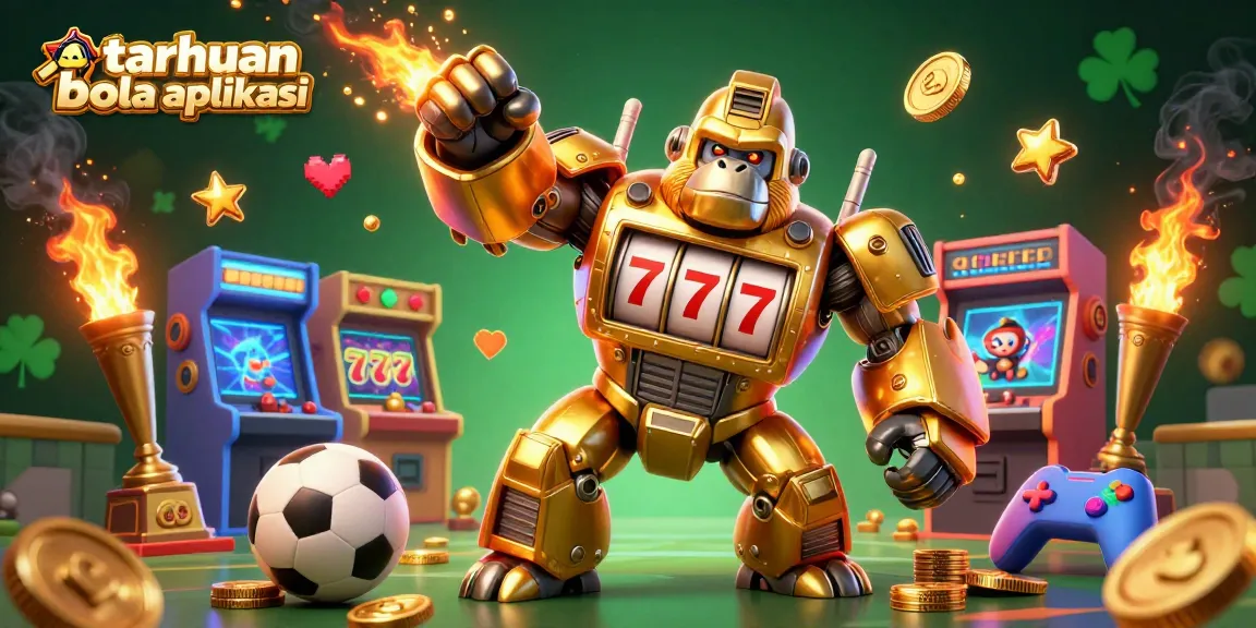 Experience taruhan bola aplikasi excitement with a golden gorilla mech amidst a dynamic gaming scene.