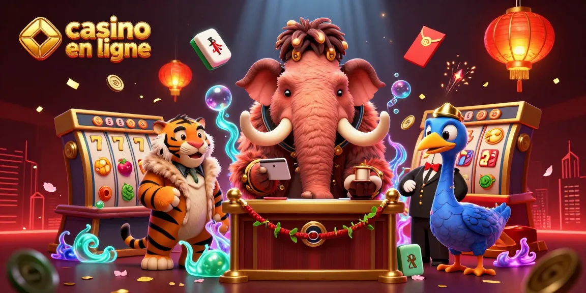 Scène dynamique et colorée de casino en ligne mettant en avant un mammouth en tant que videur, un tigre VIP et un oiseau dodu.