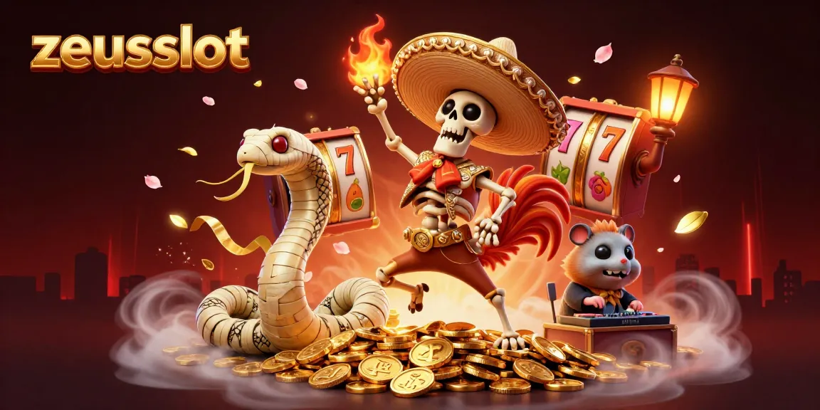 Experience zeusslot's thrilling victory dance amidst golden coins and vibrant casino elements.