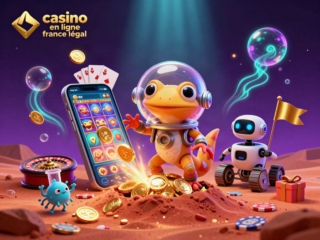 Le casino en ligne France légal, illustré par un gecko martien avec des éléments de jeu dynamique.