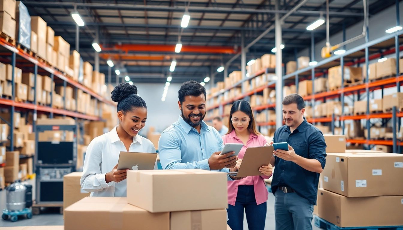 Enhancing logistics efficiency in a modern warehouse with diverse teamwork and organized operations.