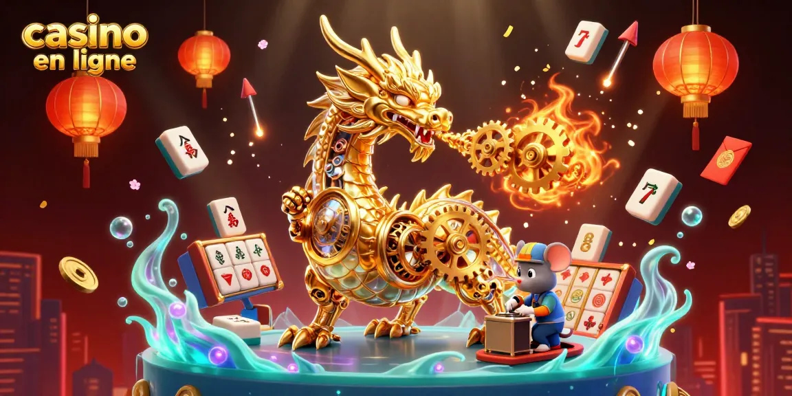 Scénario dynamique pour casino en ligne avec un dragon doré et une souris ingénieure.