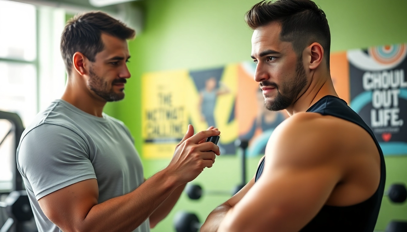 Calculate body fat percentage calculator with a fitness coach guiding a client in a vibrant gym setting.