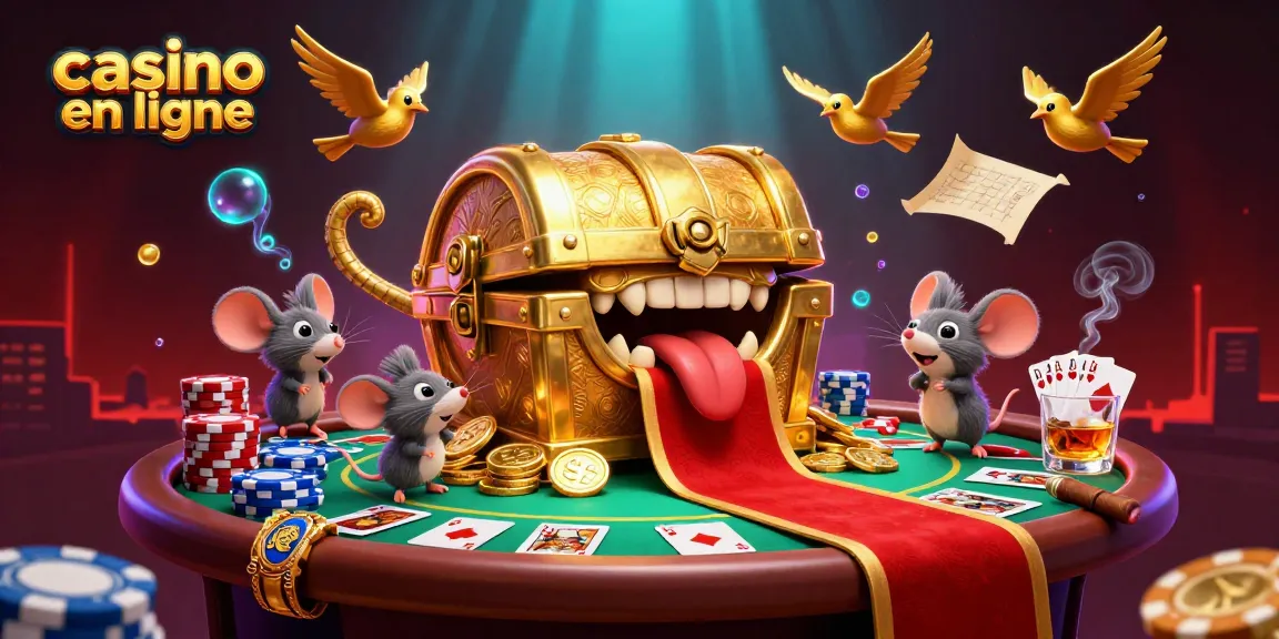 Jouez au casino en ligne avec un coffre au trésor et une main de poker impressionnante.