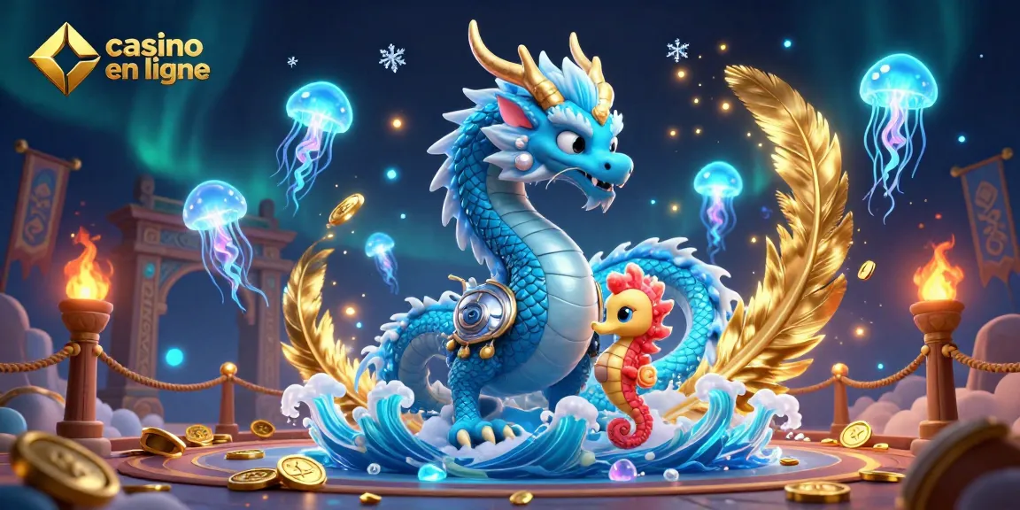 Illustration dynamique de dragon d'eau et chevalier, aventurant dans un casino en ligne.