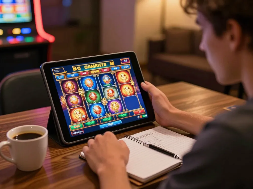 Engaging with online slot gameplay, colorful graphics and strategy notes on the table.