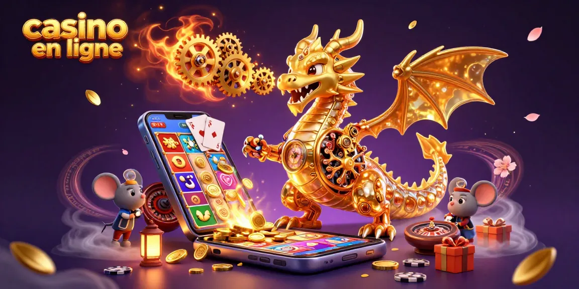 Découvrez un dragon d'or mécanique à l'intérieur d'un casino en ligne animé avec des éléments de jeu.