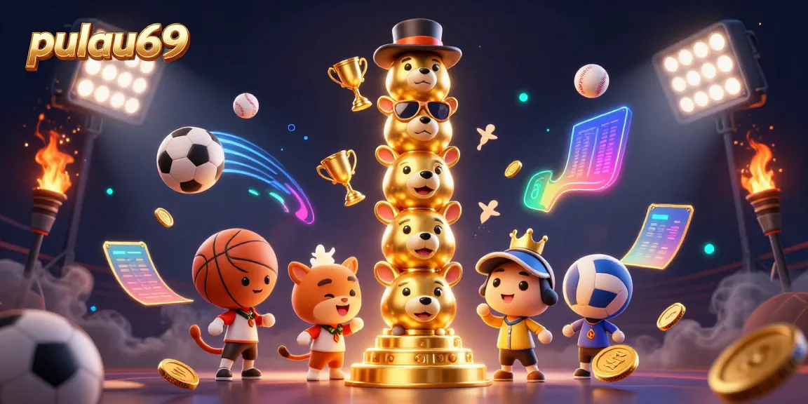 Pulau69 casino scene with a golden totem and dynamic sports elements showcasing a gaming atmosphere.