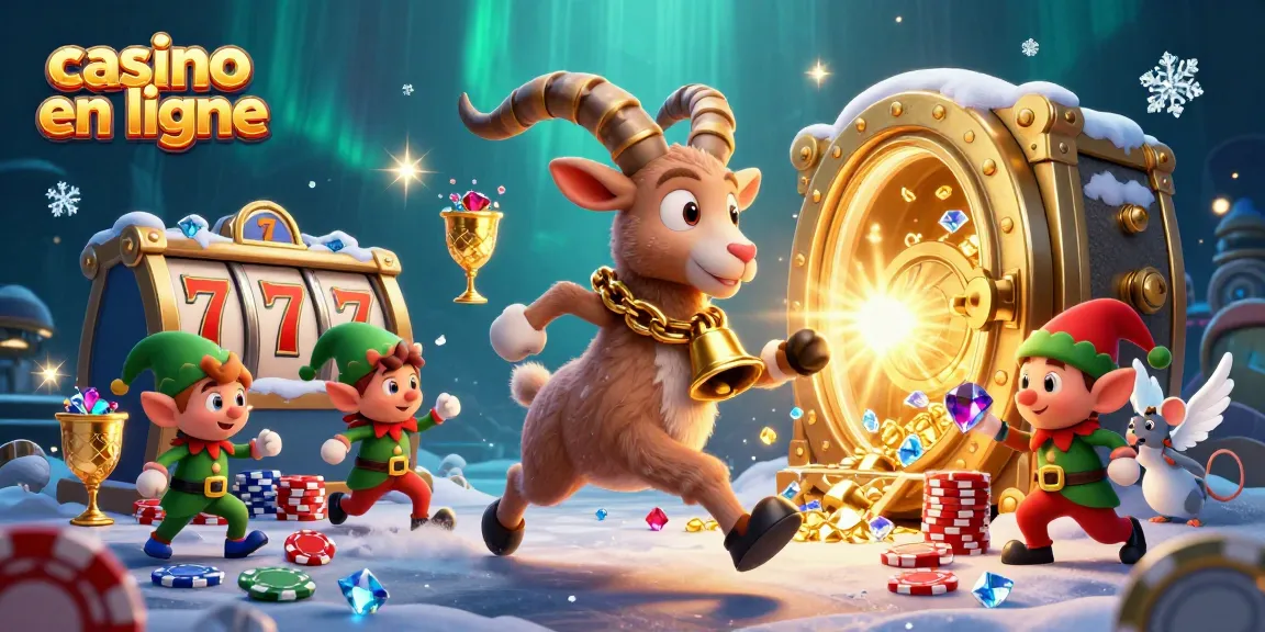 Illustration captivante de casino en ligne avec Krampus, souris et elfes gremlins jouant dans un cadre festif.