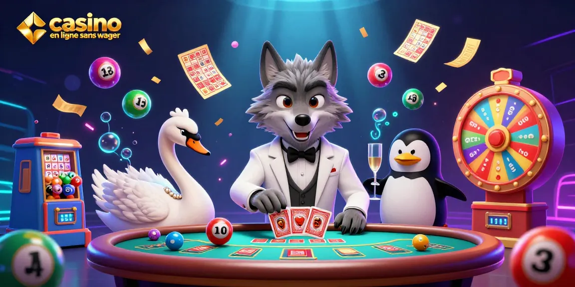 Profitez d'un moment au casino en ligne sans wager avec un loup, un cygne et un pingouin, entourés de jeux colorés.