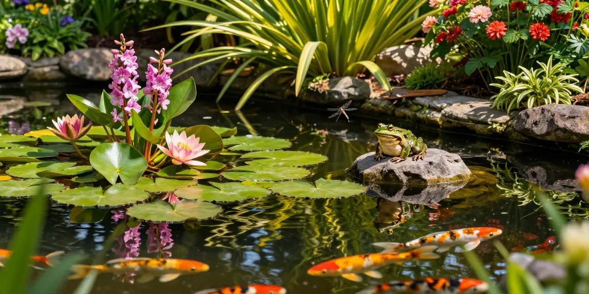 Pond Plants thriving around a tranquil garden pond, featuring lilies and koi fish.