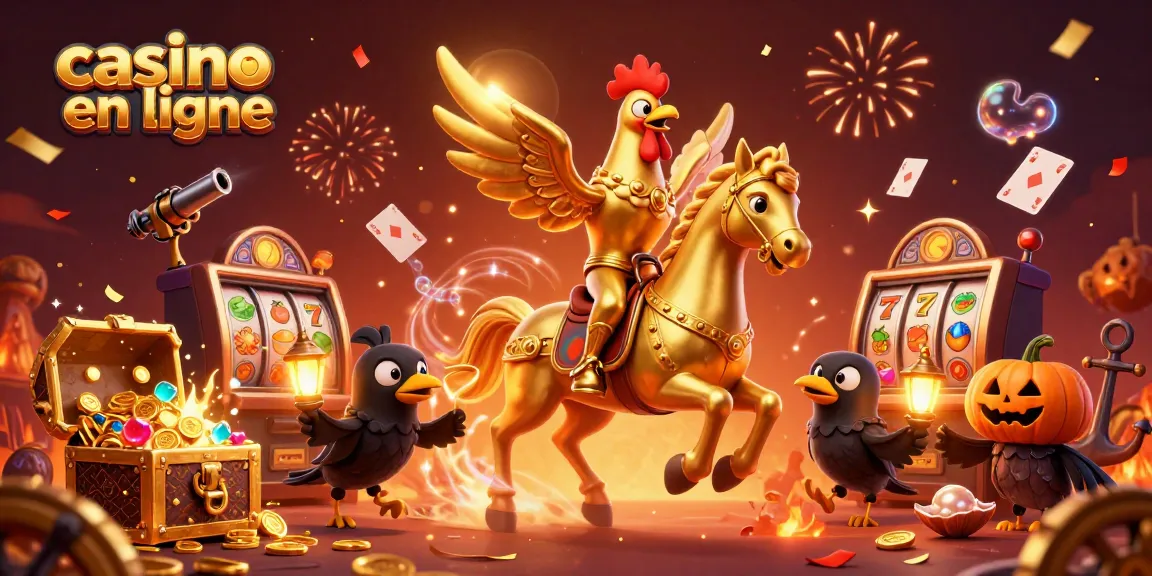 Casino en ligne vibrant avec des éléments de jeu, un coq doré et des lanternes dorées.