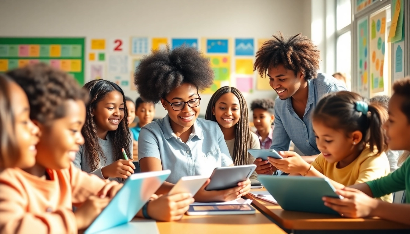 Education-focused classroom with diverse students collaborating and learning.