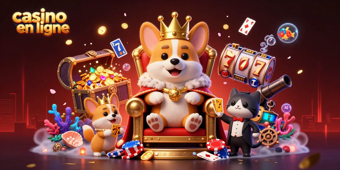 Satinez-vous dans l'univers des jeux avec casino en ligne, une illustration dynamique d'un corgi royal entouré d'éléments de jeu.