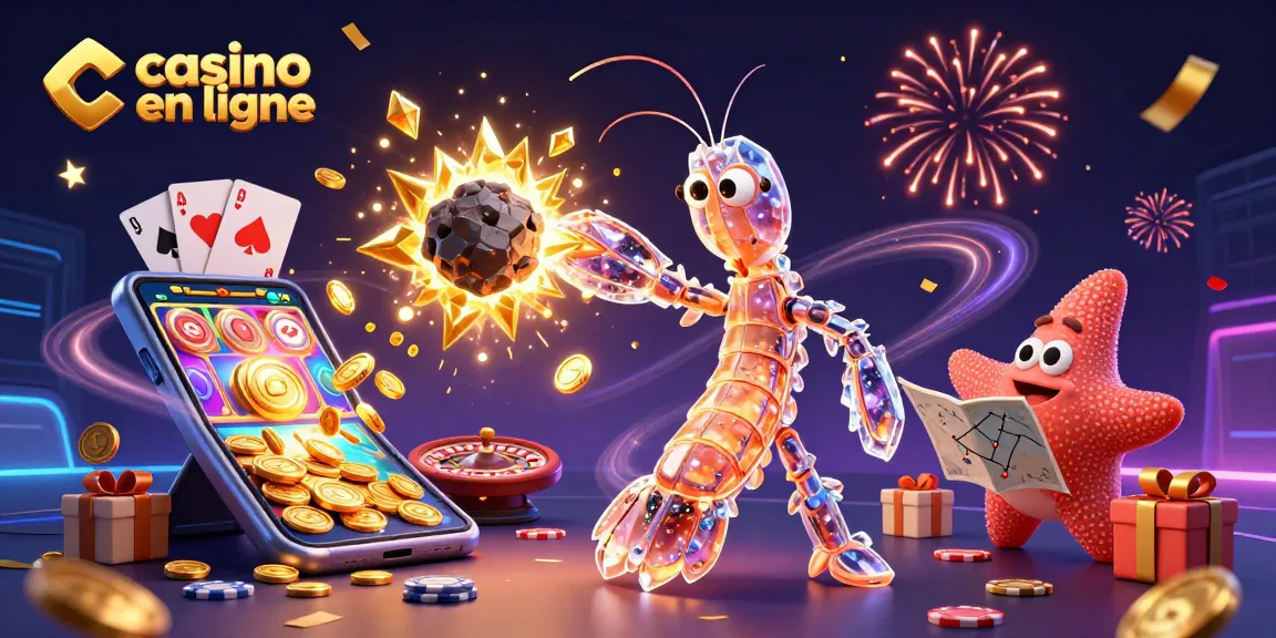 Un samouraï galactique et une étoile de mer naviguent dans un casino en ligne festif rempli de jeux.