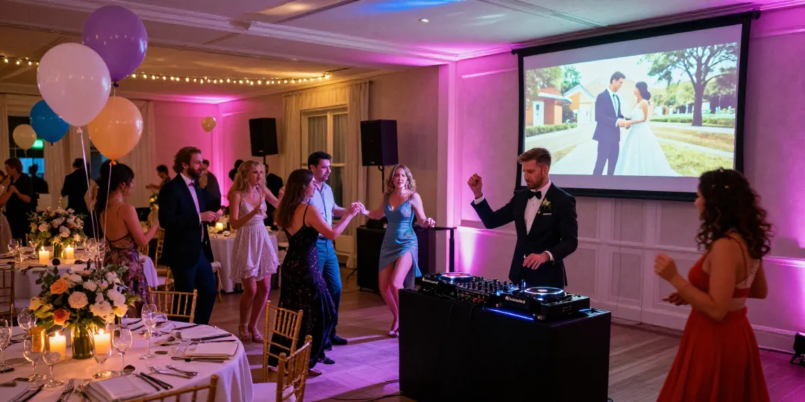 DJ für Hochzeit Berlin mit fröhlichen Gästen auf der Tanzfläche in festlich dekorierter Halle.