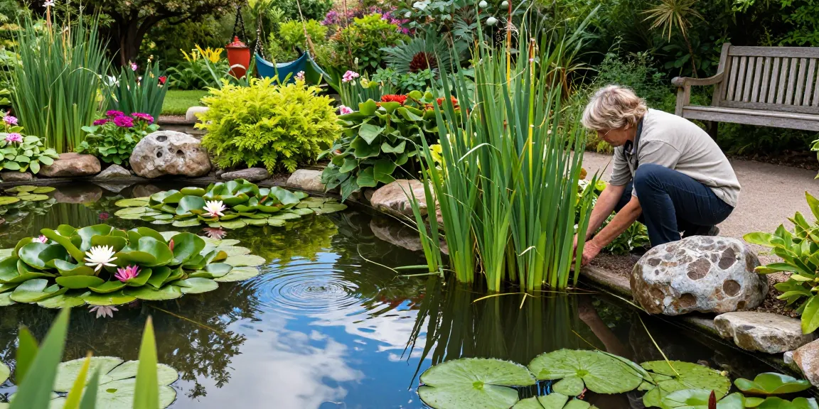British pond plants flourish in a serene garden pond, showcasing vibrant water lilies and lush marginals tended by a gardener.