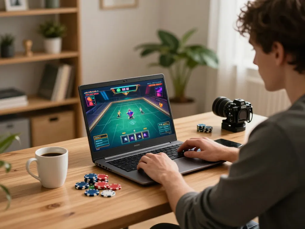 Player engaged in an online poker game at home showing 789b strategies.