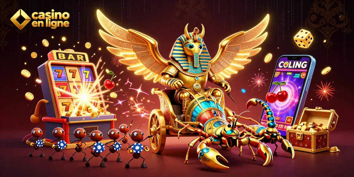 Jouez au casino en ligne avec une illustration 3D captivante d'un scarabée doré et des éléments de jeu éblouissants.