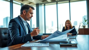 Engaging session on tax planning and wealth management with a professional advisor and client in a modern office.