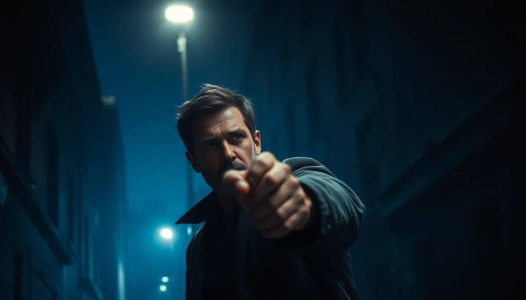 Detective character with action pose like Jack Reacher in a suspenseful city setting.