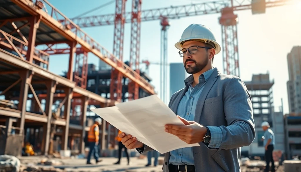 Manhattan Construction Manager leading a team on a vibrant construction site with cranes and blueprints.