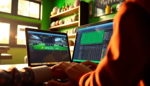 Engaging scene showcasing online sportsbooks India with a person actively placing bets on a laptop.