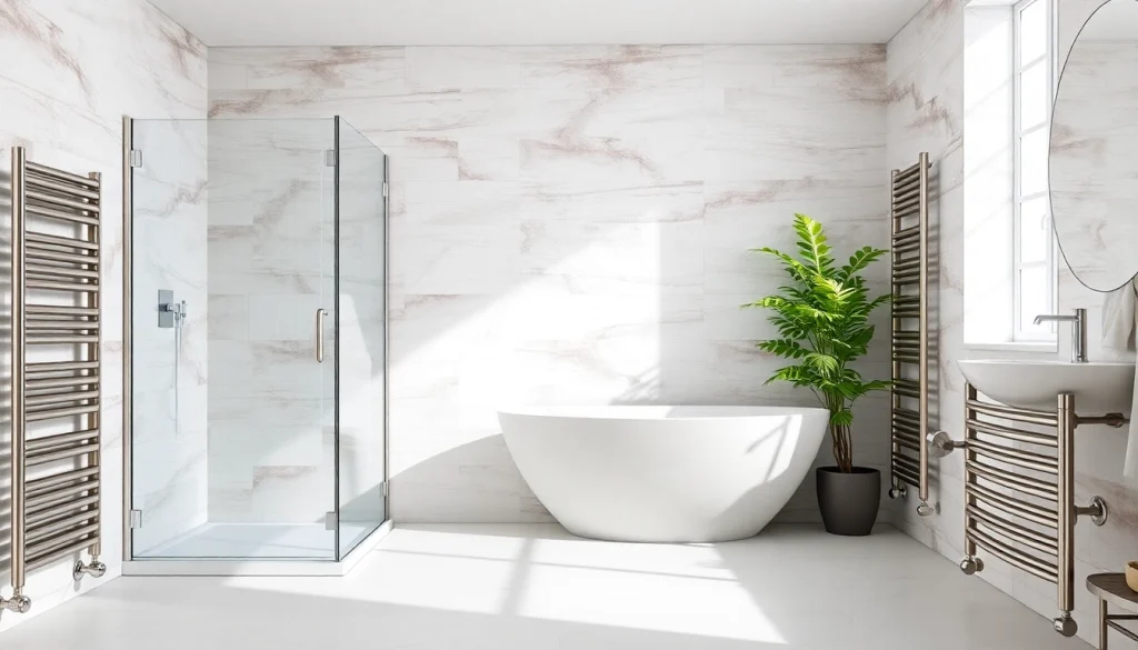 Erleben Sie sonni sanitär GmbH mit eleganten Dusche und Heizkörper für modernes Badezimmer.